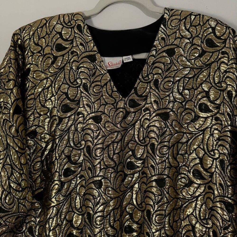 Vintage 80s Gold Metallic Black Sequin Rayon Glam Retro Top M - Picture 2 of 7